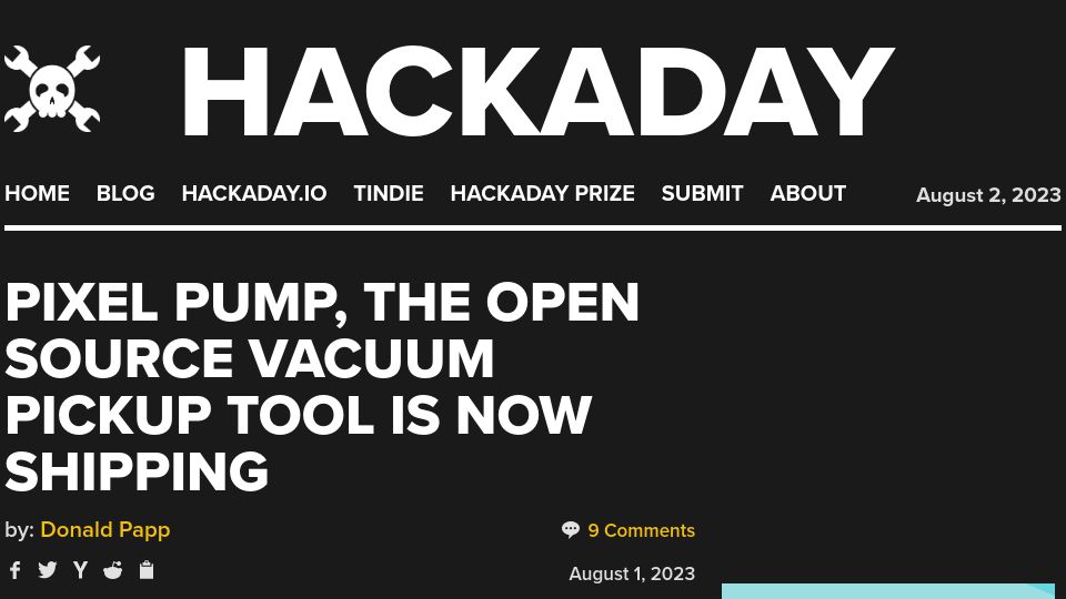Screenshot of hackaday.com: Pixel Pump: Open-source vacuum pickup tool