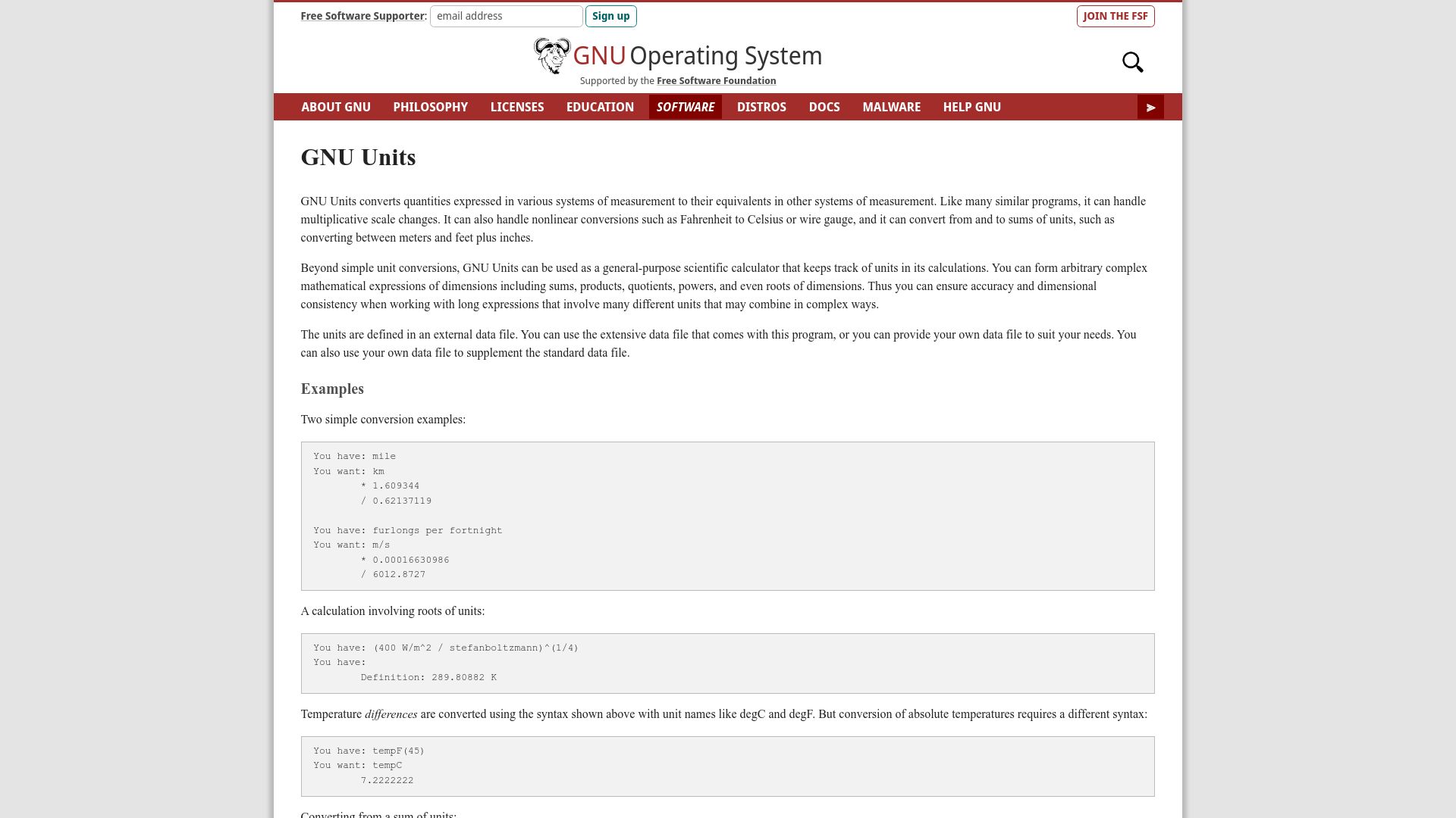 Screenshot of gnu.org: GNU Units