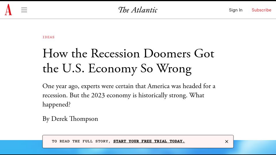 Screenshot of theatlantic.com: How the Recession Doomers Got the U.S. Economy So Wrong