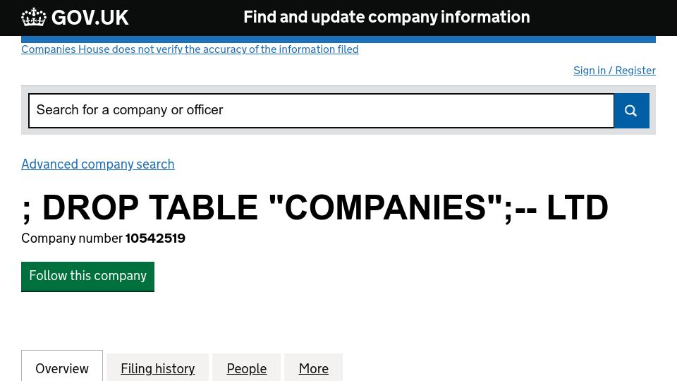 Screenshot of find-and-update.company-information.service.gov.uk: Drop Table “Companies”;– LTD (2016)