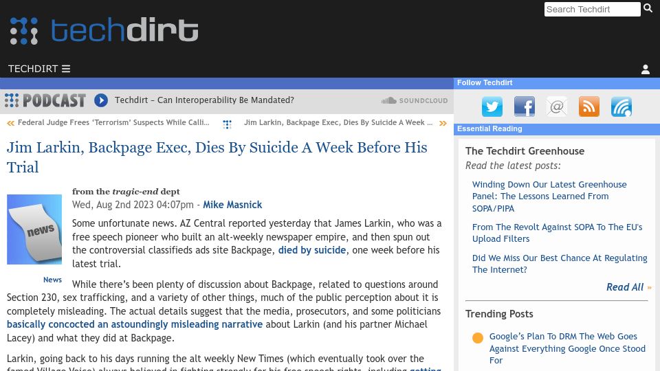 Screenshot of techdirt.com: Jim Larkin, Backpage Exec, Dies by Suicide a Week Before His Trial