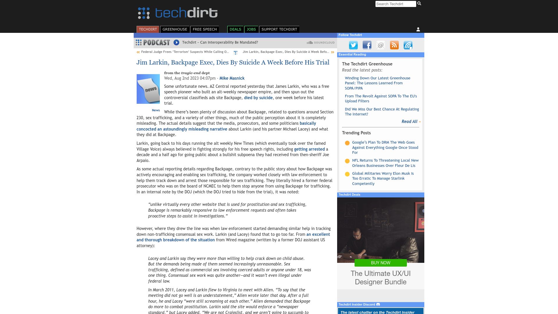 Screenshot of techdirt.com: Jim Larkin, Backpage Exec, Dies by Suicide a Week Before His Trial