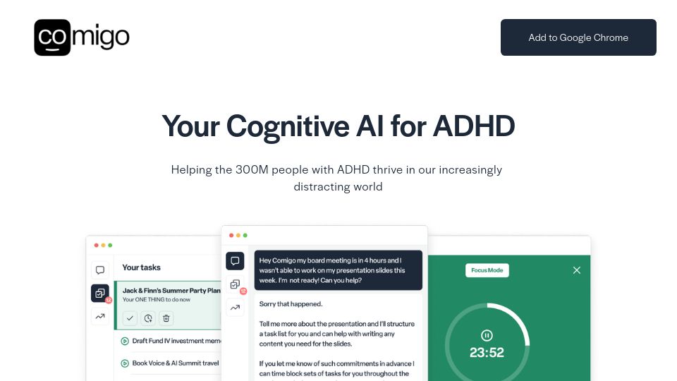 Screenshot of comigo.ai: Cognitive AI for ADHD