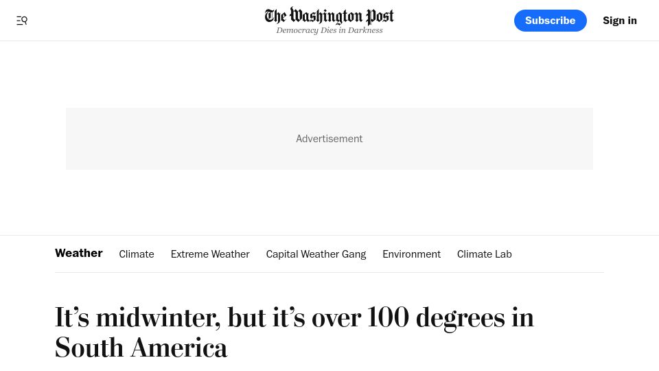 Screenshot of washingtonpost.com: It’s midwinter, but it’s over 100 degrees in South America