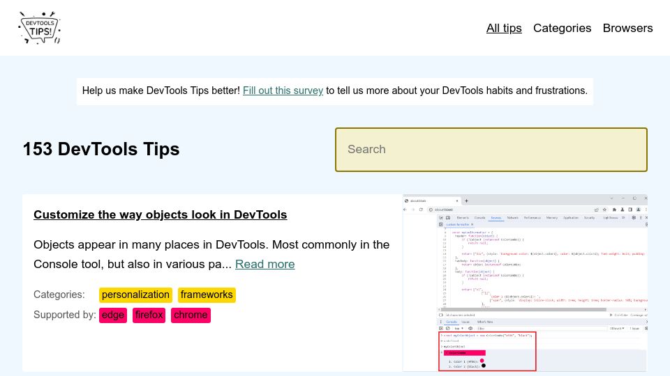Screenshot of devtoolstips.org: DevTools Tips