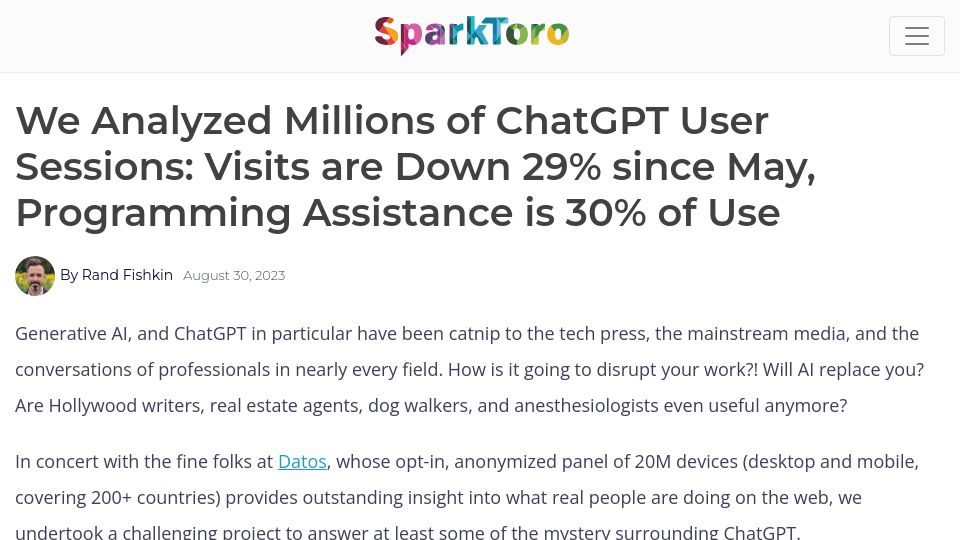 Screenshot of sparktoro.com: ChatGPT user sessions are down 29% since May