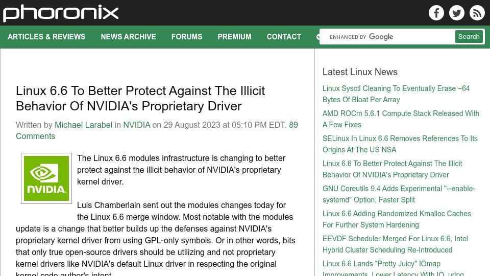 Screenshot of lwn.net: Making life (even) harder for proprietary modules
