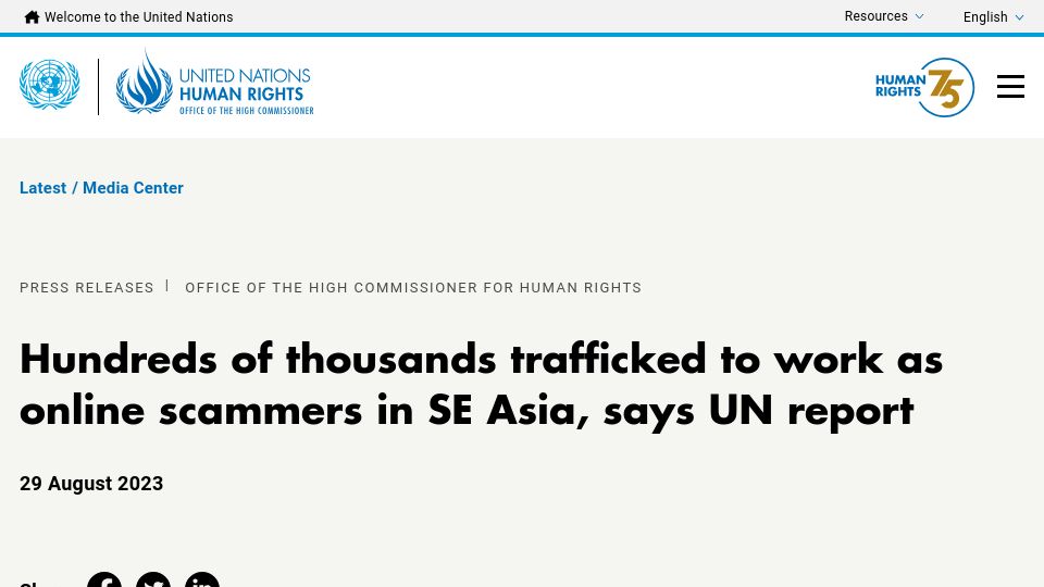 Screenshot of ohchr.org: Hundreds of thousands trafficked to work as online scammers in SE Asia, says UN