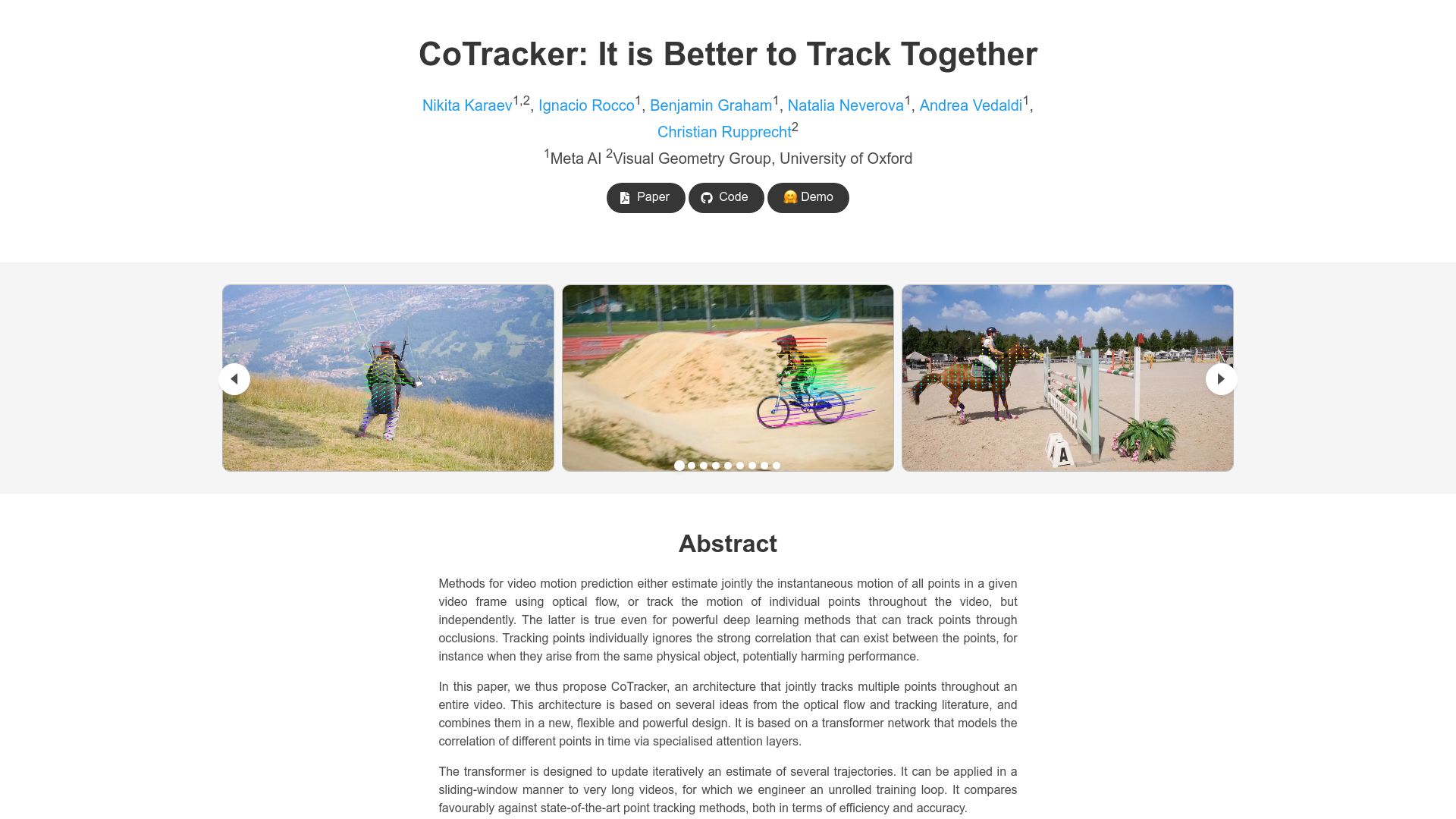Screenshot of co-tracker.github.io: Meta AI releases CoTracker, a model for tracking any points (pixels) on a video