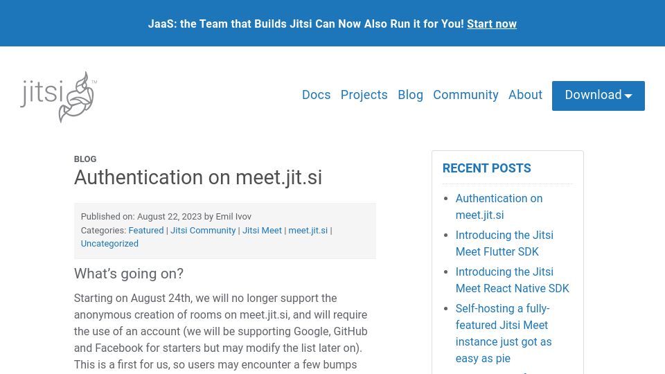 Screenshot of jitsi.org: Authentication on meet.jit.si