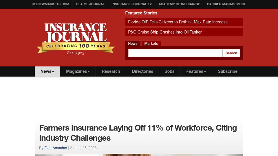 Screenshot of insurancejournal.com: Farmers Insurance Laying Off 11% of Workforce, Citing Industry Challenges