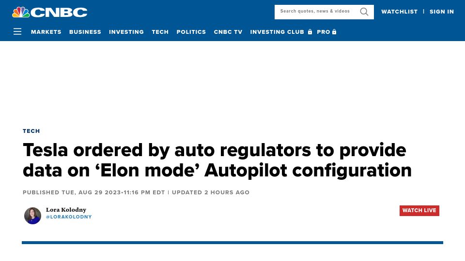Screenshot of cnbc.com: Tesla ordered by auto regulators to provide data on ‘Elon mode’ configuration