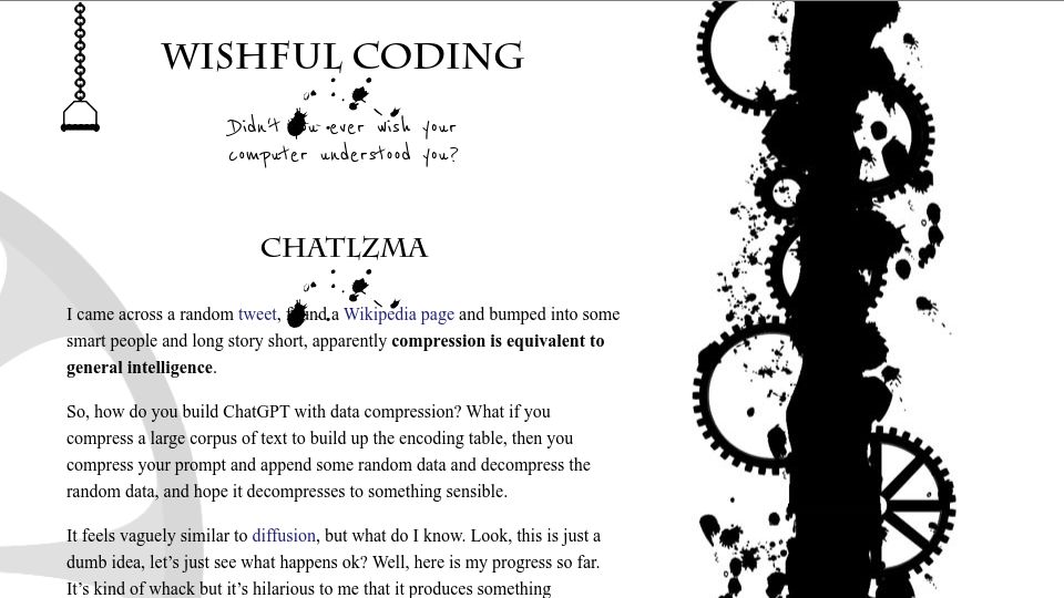 Screenshot of pepijndevos.nl: ChatLZMA – text generation from data compression