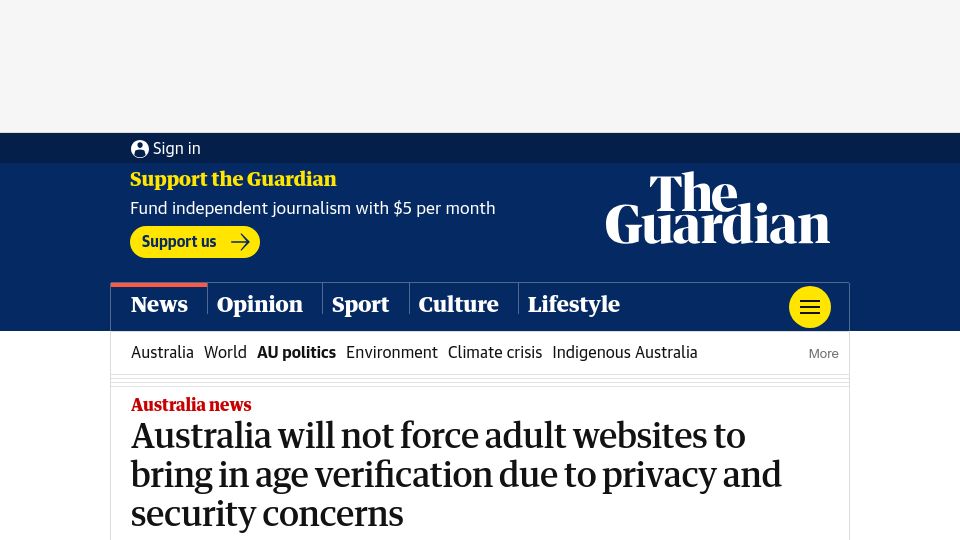 Screenshot of theguardian.com: Australia will not force adult websites to bring in age verification