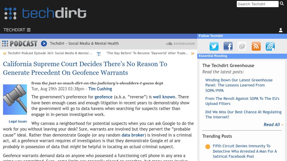 Screenshot of techdirt.com: CA Supreme Court Concludes No Reason to Generate Precedent on Geofence Warrants