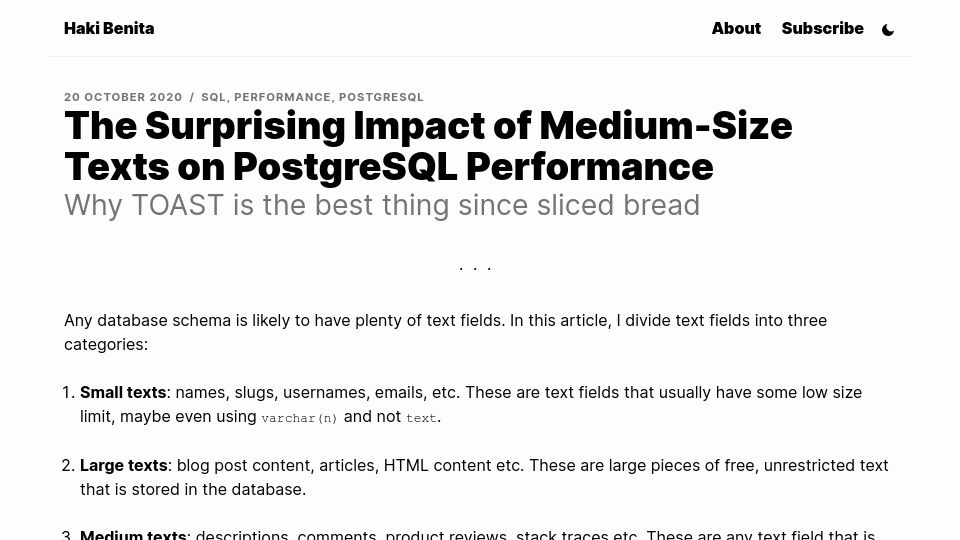 Screenshot of hakibenita.com: The Surprising Impact of Medium-Size Texts on PostgreSQL Performance (2020)