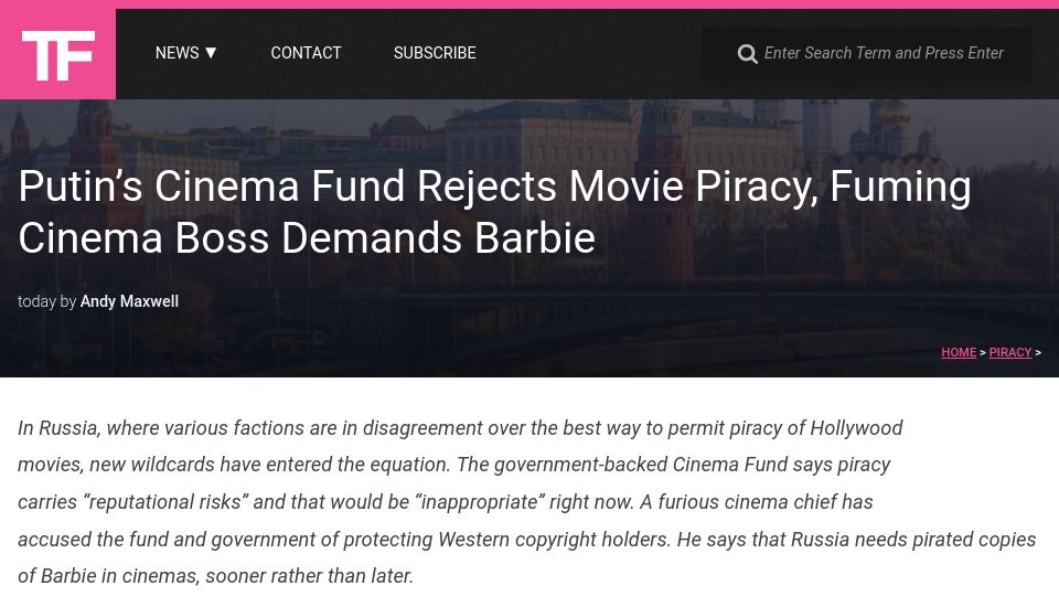 Screenshot of torrentfreak.com: Putin’s Cinema Fund Rejects Movie Piracy, Fuming Cinema Boss Demands Barbie