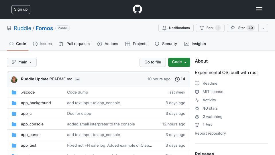 Screenshot of github.com: Fomos: Experimental OS, built with Rust