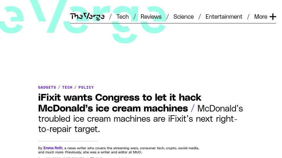 Screenshot of theverge.com: iFixit wants Congress to let it hack McDonald’s ice cream machines