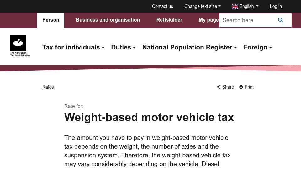 Screenshot of skatteetaten.no: Weight-based motor vehicle tax