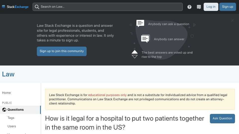 Screenshot of law.stackexchange.com: Why do shared hospital rooms not violate HIPAA?