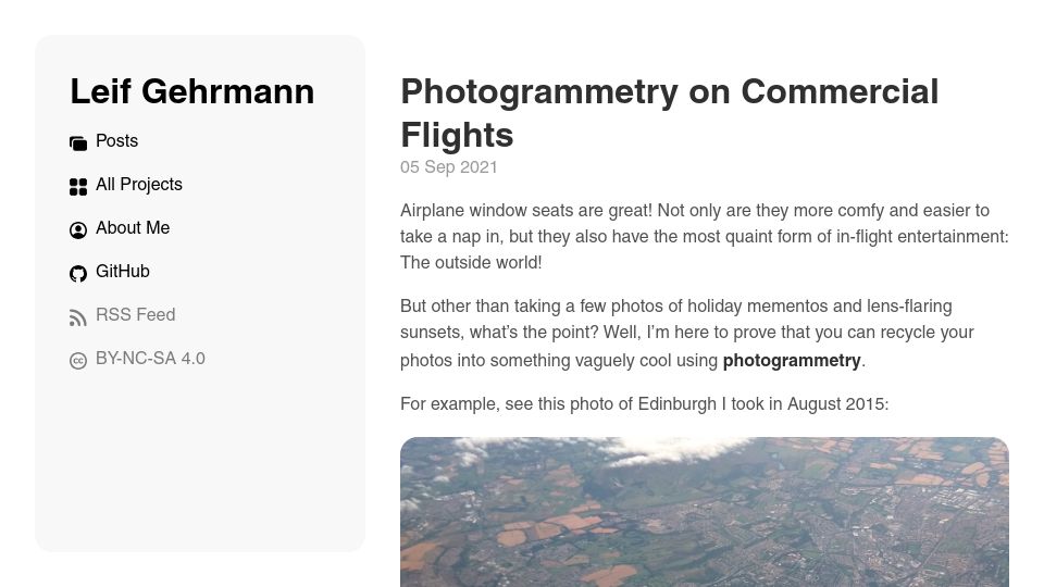 Screenshot of leifgehrmann.com: Photogrammetry on commercial flights (2021)