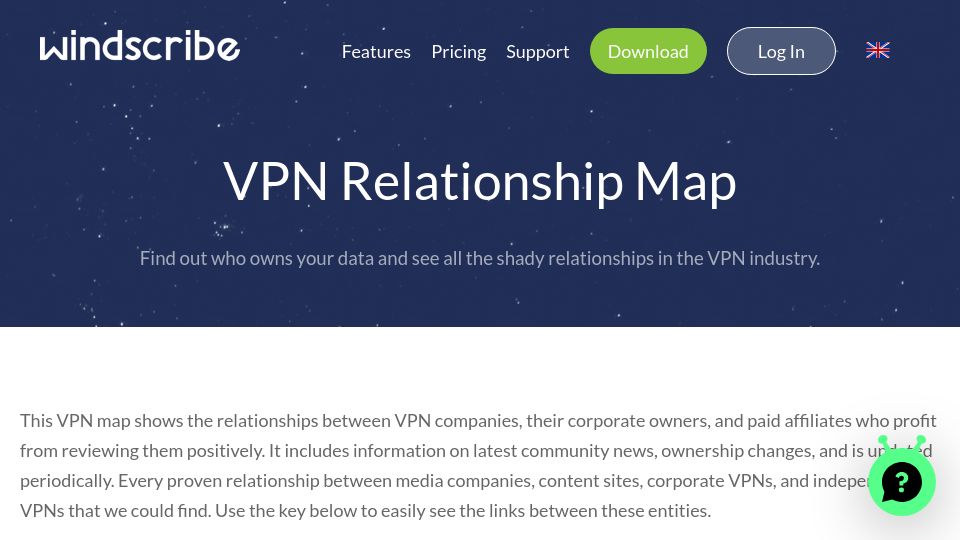 Screenshot of windscribe.com: 2023 Paid VPN Relationship and Corporate VPN Ownership Map