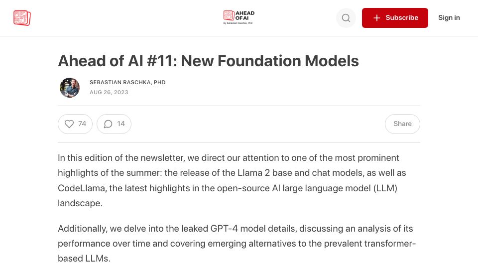 Screenshot of magazine.sebastianraschka.com: Understanding Llama 2 and the New Code Llama LLMs