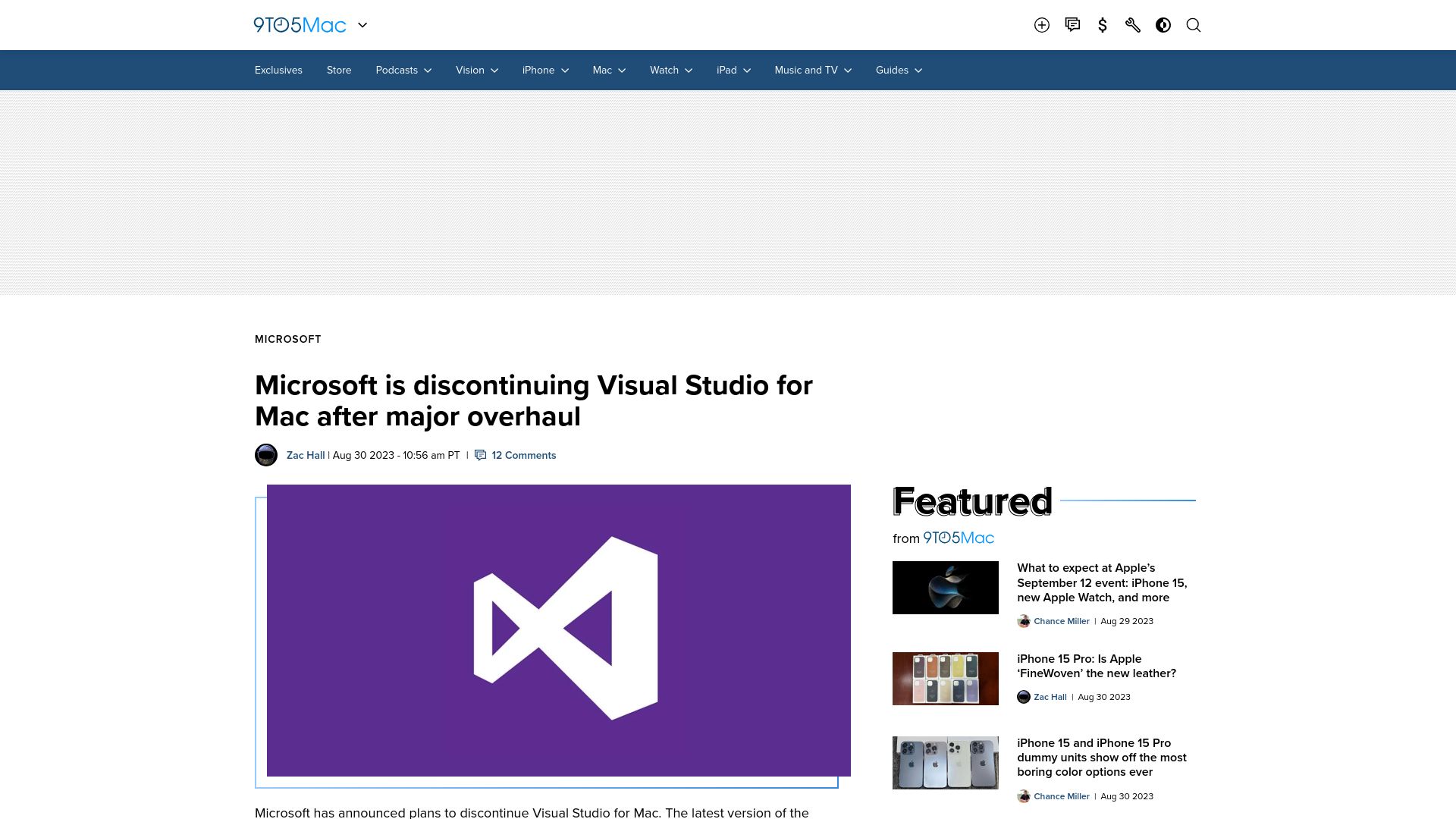 Screenshot of 9to5mac.com: Microsoft is discontinuing Visual Studio for Mac after major overhaul