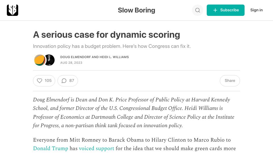 Screenshot of slowboring.com: A case for dynamic scoring of high-skilled immigration
