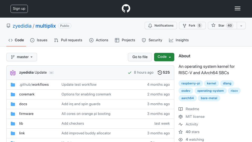 Screenshot of github.com: Multiplix, operating system kernel for RISC-V and AArch64 SBCs