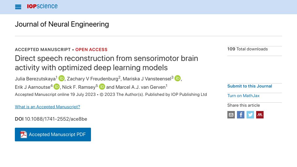 Screenshot of iopscience.iop.org: Direct speech reconstruction from sensorimotor activity and deep learning models