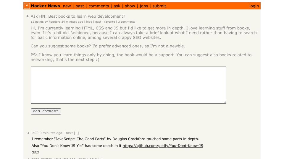 Screenshot of Hacker News post: Ask HN: Best books to learn web development?