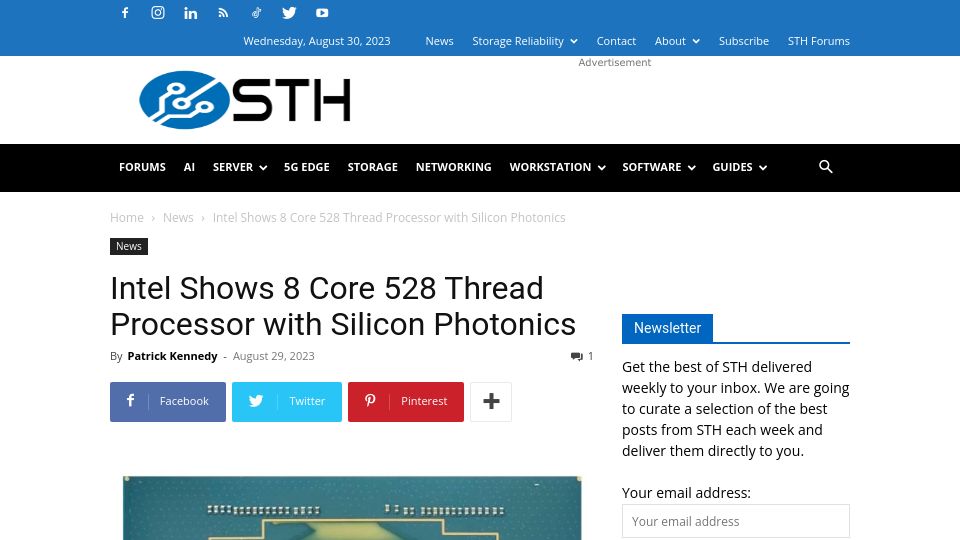 Screenshot of servethehome.com: Intel shows 8 core 528 thread processor with silicon photonics