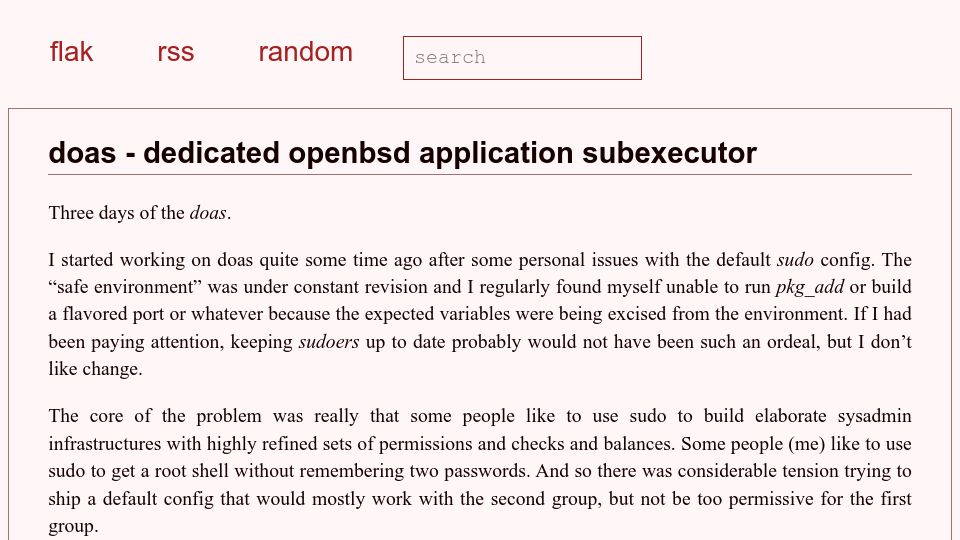 Screenshot of flak.tedunangst.com: Doas – dedicated OpenBSD application subexecutor