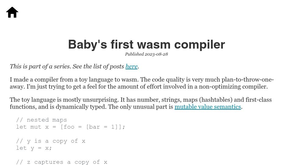 Screenshot of scattered-thoughts.net: Baby's first WASM compiler