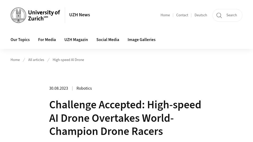 Screenshot of news.uzh.ch: High-Speed AI Drone Overtakes World-Champion Drone Racers