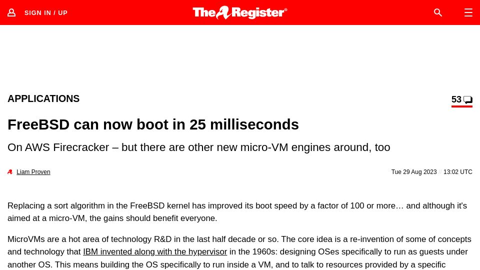 Screenshot of theregister.com: FreeBSD can now boot in 25 milliseconds