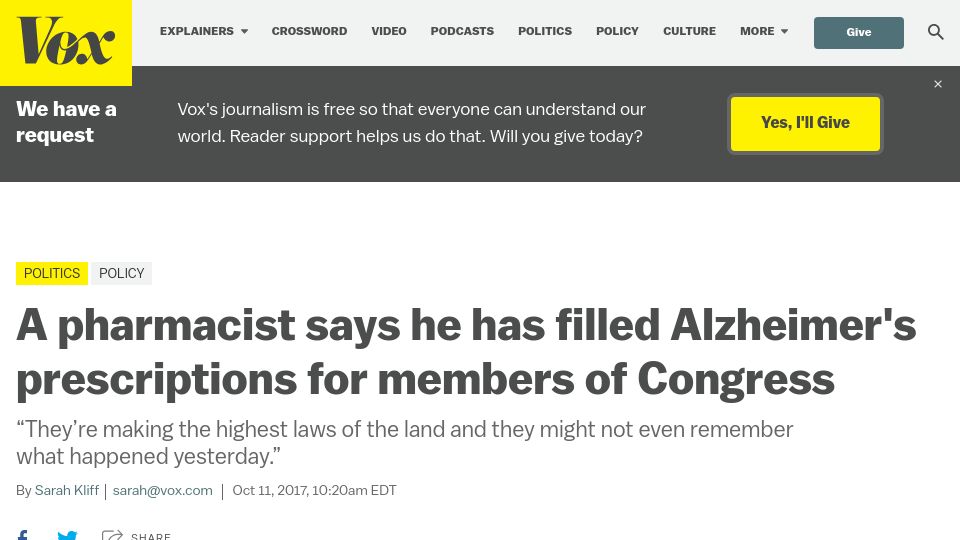 Screenshot of vox.com: Pharmacist says he has filled Alzheimer's prescriptions for members of Congress (2017)