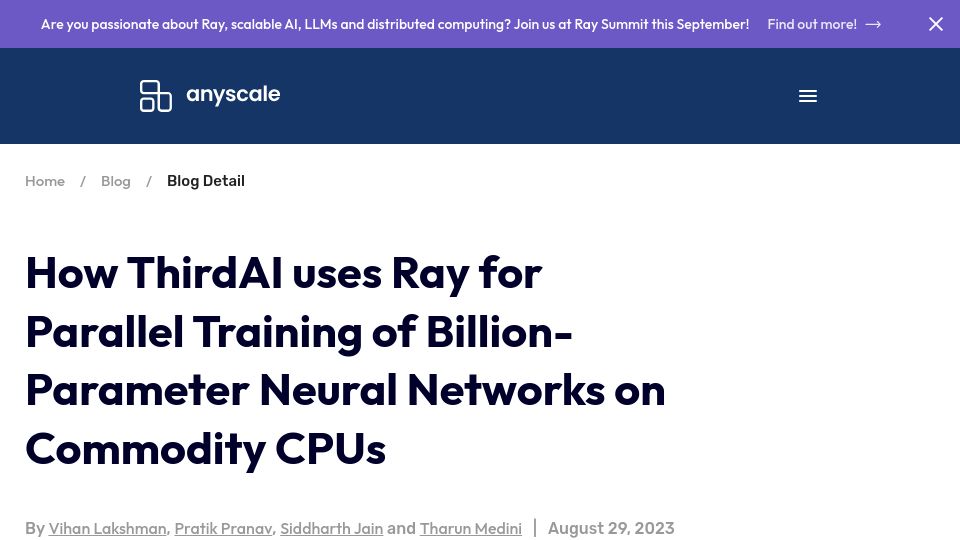 Screenshot of anyscale.com: ThirdAI Uses Ray for Parallel Training of Billion-Parameter NN on Commodity CPUs