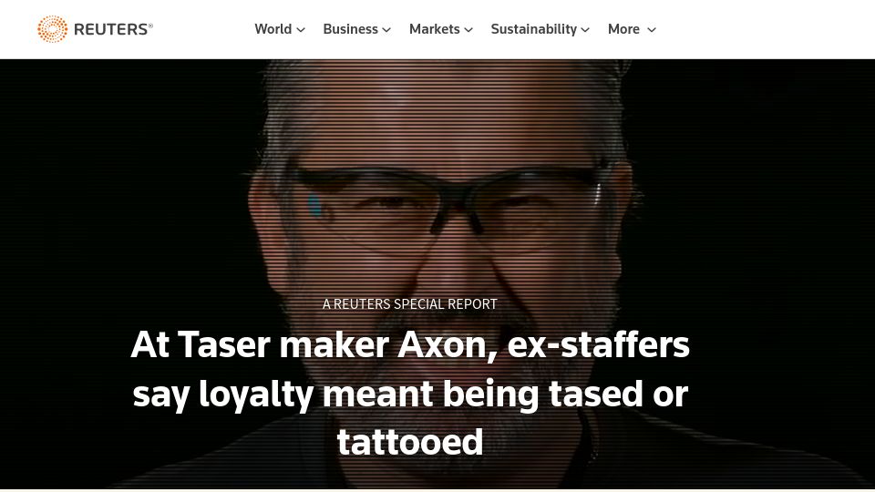 Screenshot of reuters.com: At Taser maker Axon, ex-staffers say loyalty meant being tased or tattooed