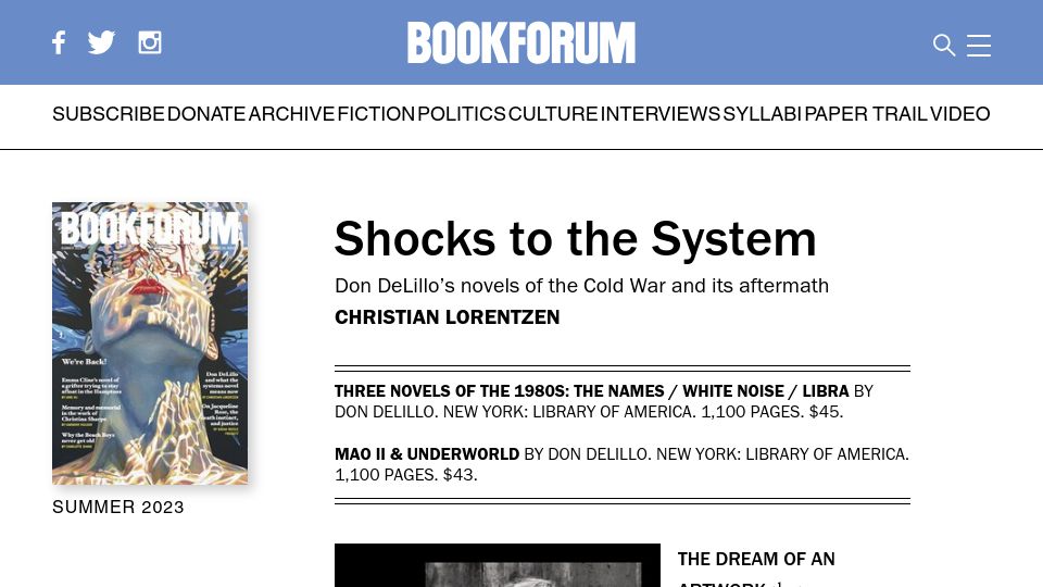 Screenshot of bookforum.com: Shocks to the system: Don DeLillo’s novels of the cold war and its aftermath