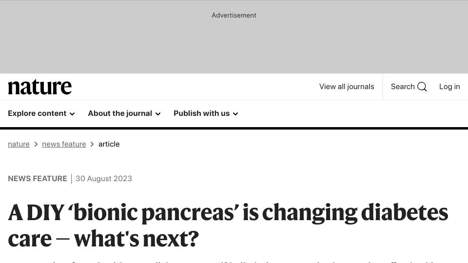 Screenshot of nature.com: A DIY ‘bionic pancreas’ is changing diabetes care