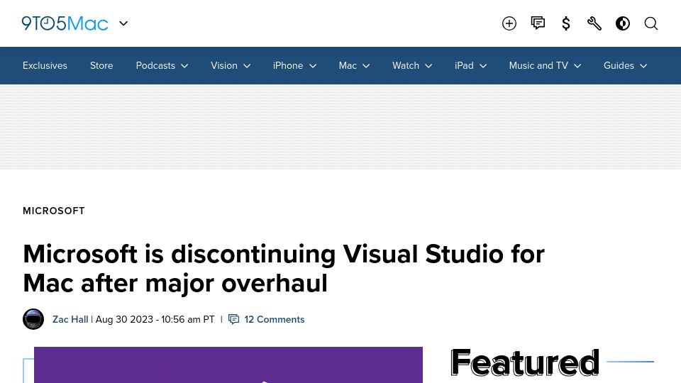Screenshot of 9to5mac.com: Microsoft is discontinuing Visual Studio for Mac after major overhaul
