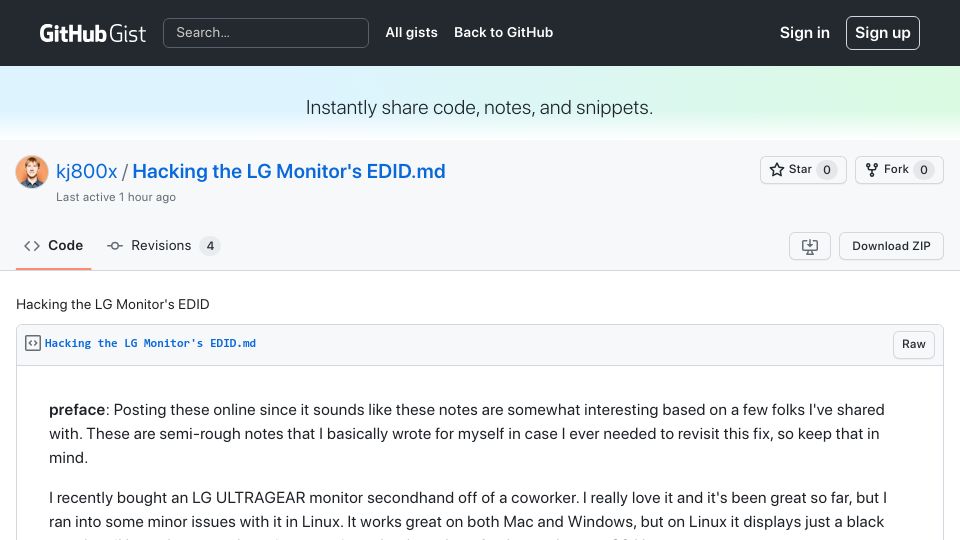 Screenshot of gist.github.com: Hacking the LG Monitor's EDID