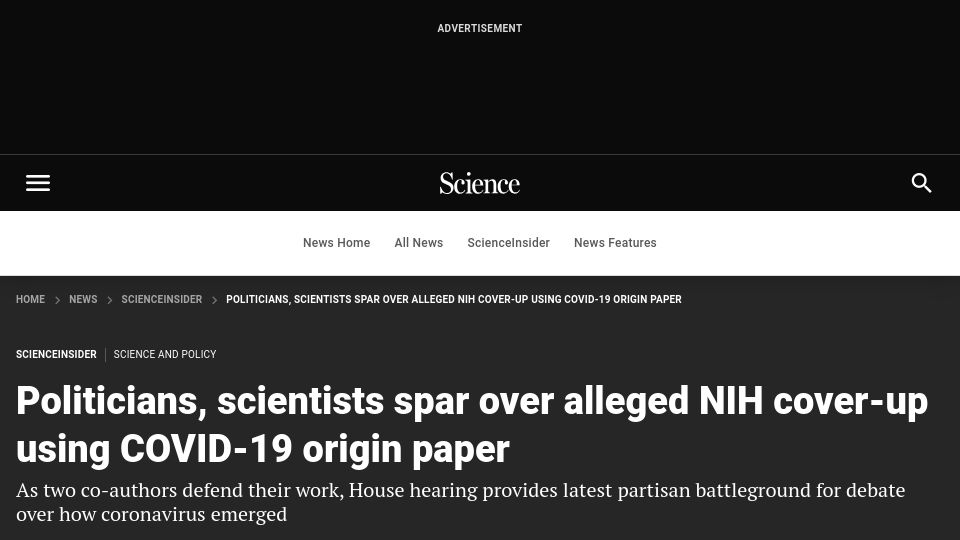 Screenshot of science.org: Politicians, scientists spar over alleged NIH coverup using COVID19 origin paper