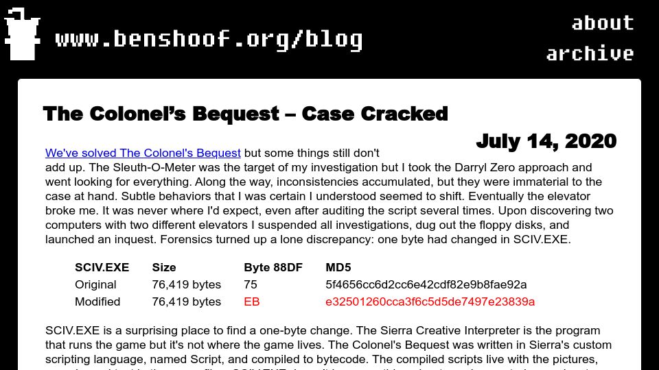 Screenshot of benshoof.org: The Colonel’s Bequest – Case Cracked (2020)