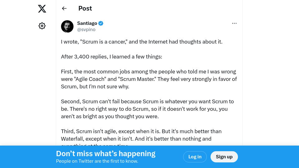 Screenshot of twitter.com: I wrote, “Scrum is a cancer,” and the Internet had thoughts about it