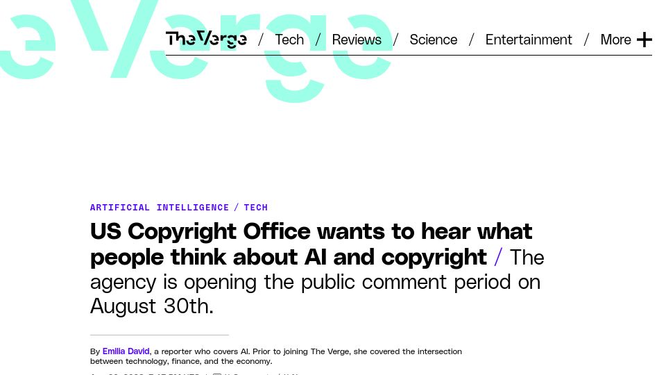 Screenshot of theverge.com: US Copyright Office wants to hear what people think about AI and copyright