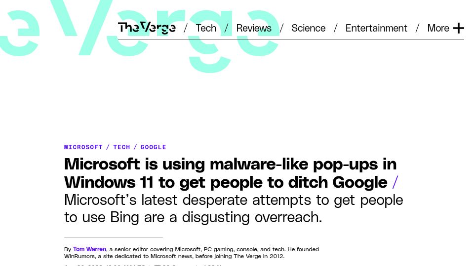 Screenshot of theverge.com: Microsoft is using malware-like pop-ups in Win11 to get people to ditch Chrome
